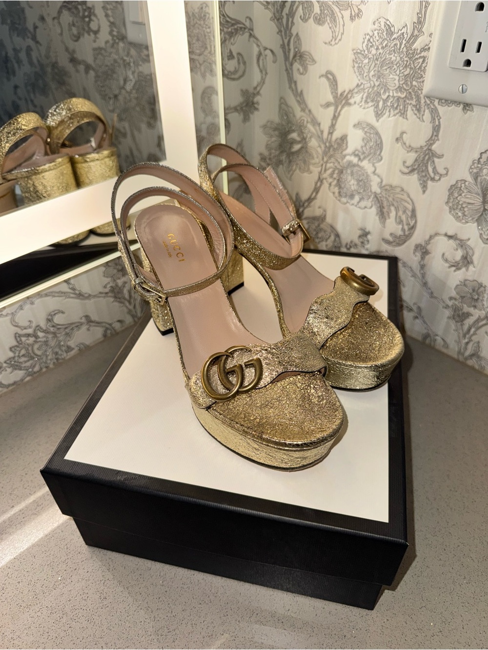 Gucci Marmont Gold Metallic Leather Platform Sandals 37.5